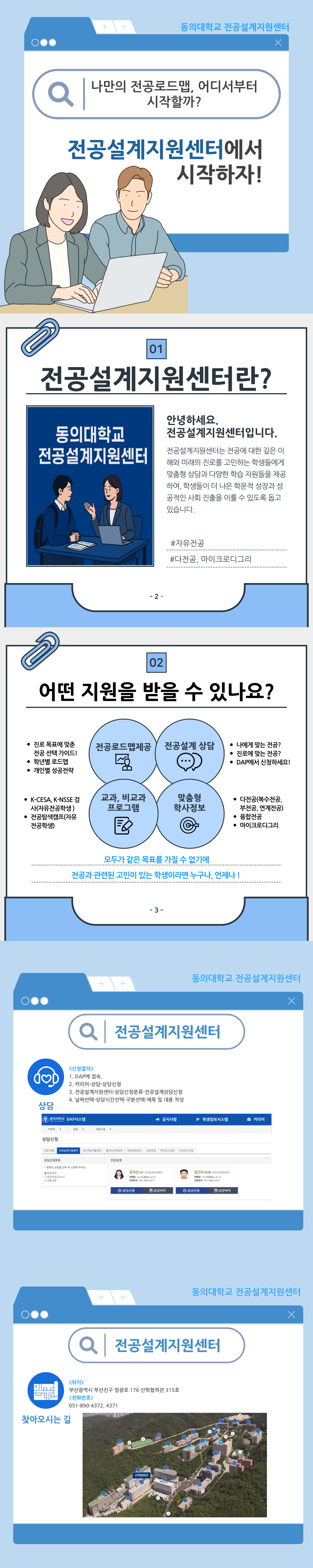 동의대학교 전공설계지원센터 나만의 전공로드맵, 어디서부터 시작할까? 전공설계지원센터에서 시작하자! 01.전공설계지원센터란? 안녕하세요. 전공설계지원센터입니다. 전공설계지원센터는 전공에 대한 깊은 이해와 미래의 진로를 고민하는 학생들에게 융합 역량과 다양한 학습 지원을 제공하여, 학생들이 더 나은 학문적 성장과 성공적인 사회 진출을 이룰 수 있도록 돕고 있습니다. #자유전공 #다전공, 마이크로디그리 02. 어떤 지원을 받을 수 있나요? 전공로드맵제공: 진로 목표에 맞춘 전공 선택 가이드!, 학년별 로드맵, 개인별 성공전략 / 전공설계 상담: 나에게 맞는 전공?, 진로에 맞는 전공?, DAP에서 신청하세요! / 교과, 비교과 프로그램: K-CESA, K-NSSE 검사(자유전공학생), 전공탐색캠프(자유전공학생)/ 맞춤형 학사정보: 다전공(복수전공, 부전공, 연계전공), 융합전공, 마이크로디그리 / 모두가 같은 목표를 가질 수 없기에 전공과 관련된 고민이 있는 학생이라면 누구나, 언제나! 전공설계지원센터 <신청절차> 1. DAP에 접속. 2. 커리어-상담-상담신청 3. 전공설계지원센터-상담신청분류-전공설계상담신청 4. 날짜선택-상담시간선택-구분선택-제목 및 내용 작성 찾아오시는 길 위치: 부산광역시 부산진구 엄광로 176 산학협력관 315호 전화번호: 051-890-4372, 4371